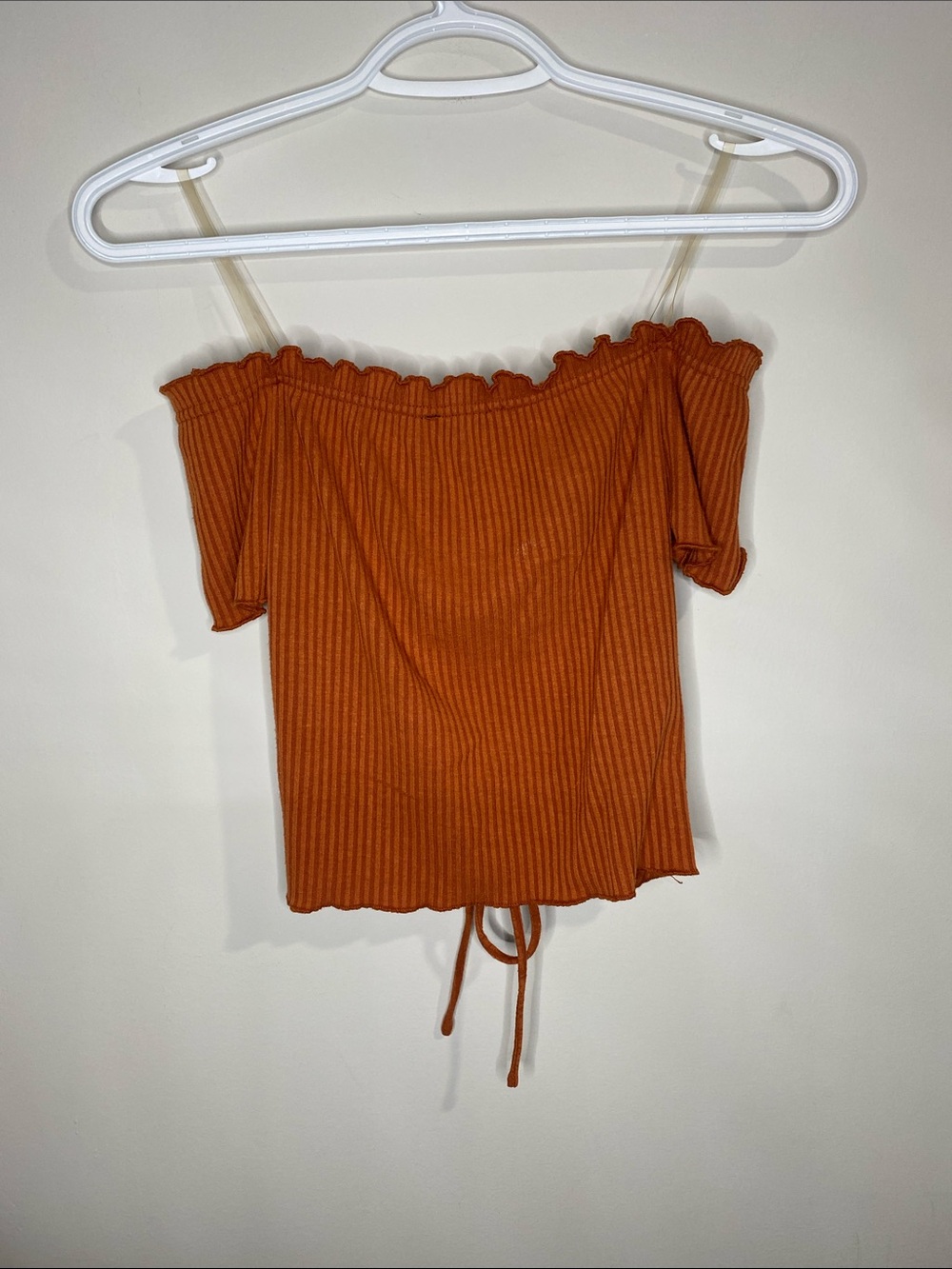Fashion Nova Rust Off-Shoulder Ribbed Ruched Crop Top - Picture 2 of 2